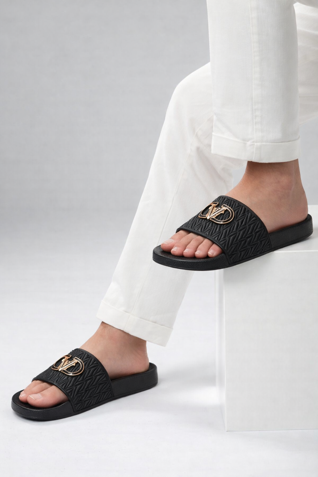 LV Quilted Logo Slide Sandals