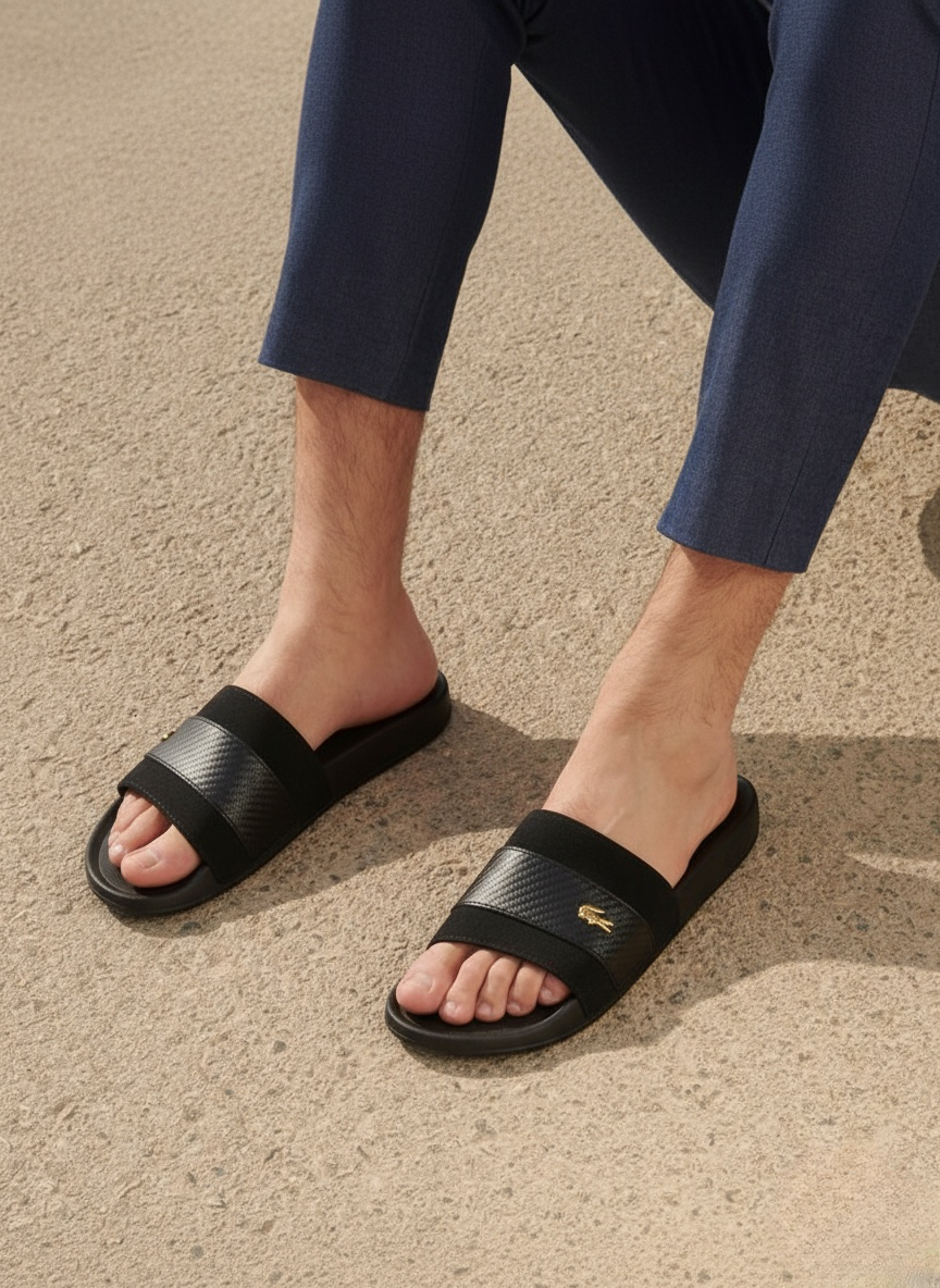 Lacoste Black Croc Slide Sandals