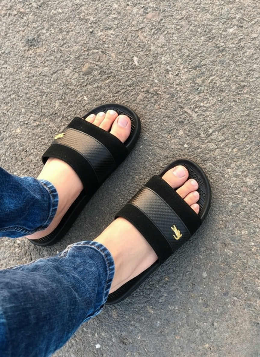 Lacoste Black Croc Slide Sandals