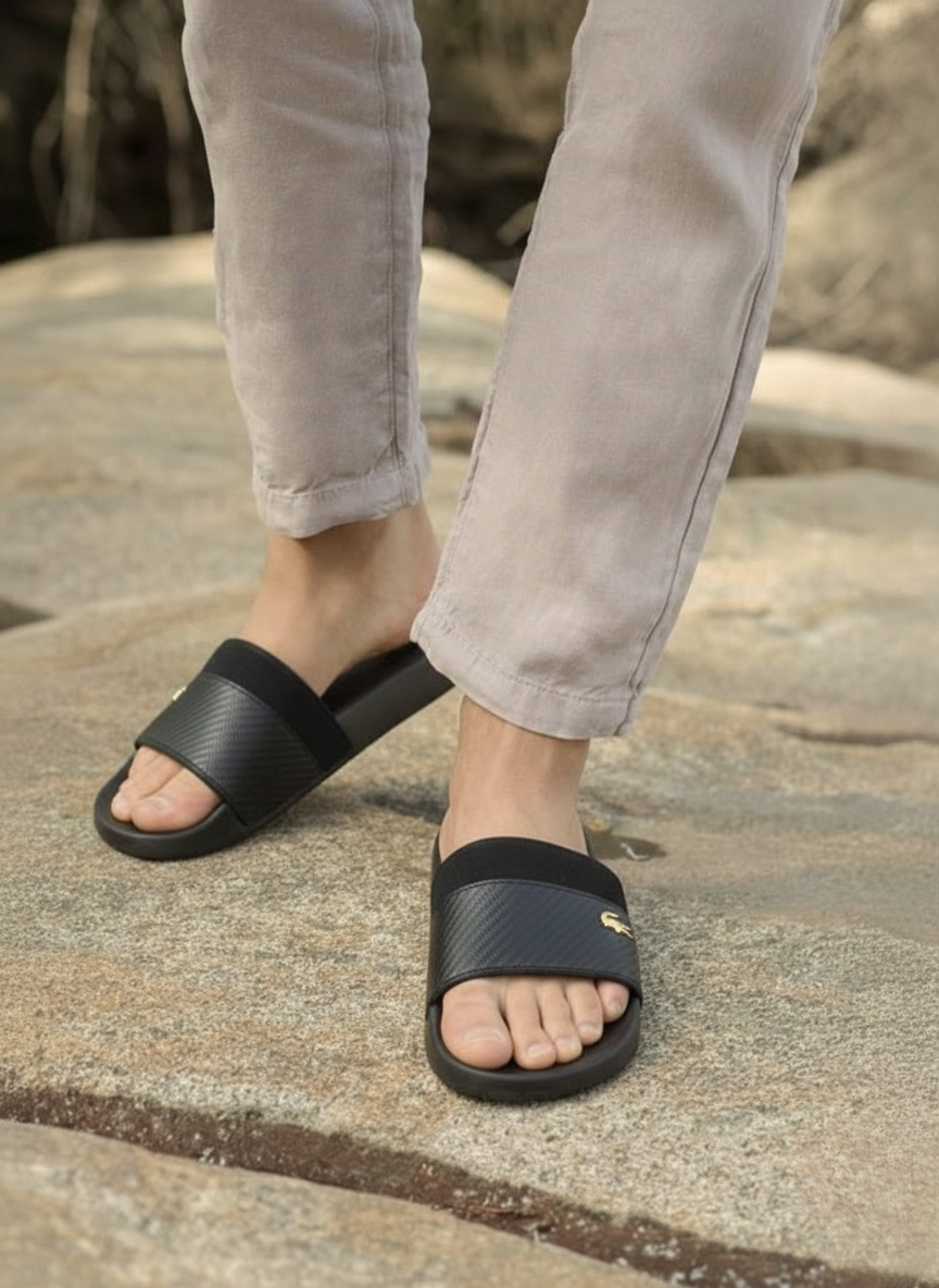 Lacoste Black Croc Slide Sandals